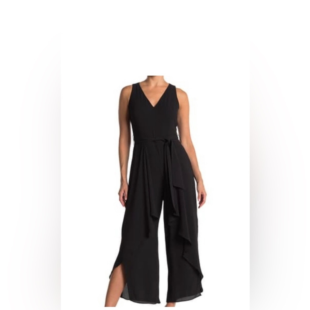 London Times Ruffles V-neck Jumpsuit in Black size 4